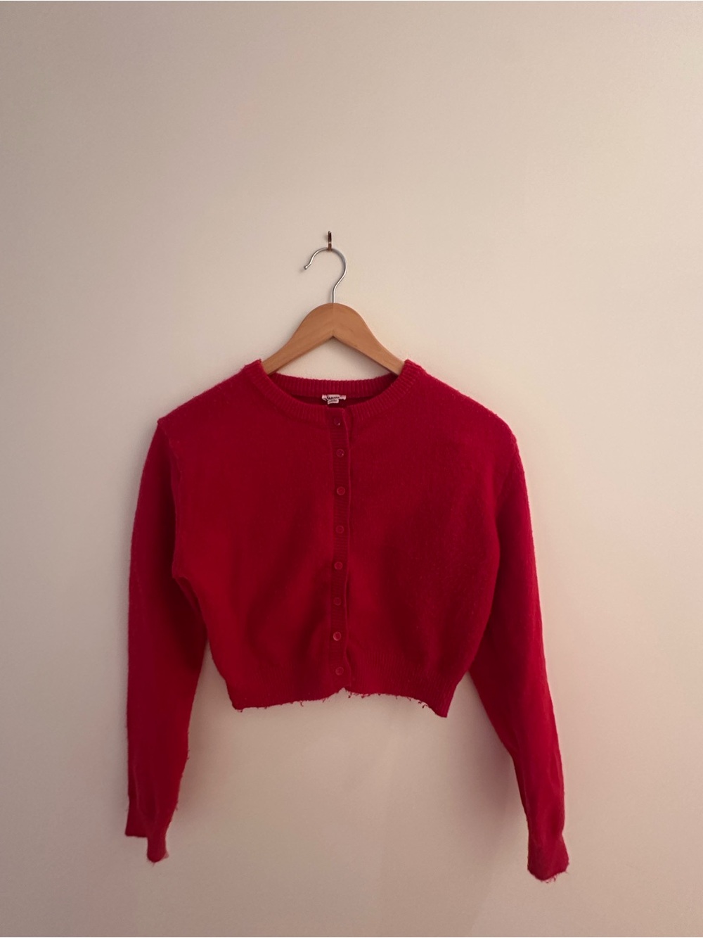 Garage Red Button-Front Cropped Cardigan